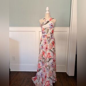 Lulu's White Floral Halter Maxi Dress with Pink and Blue Accents